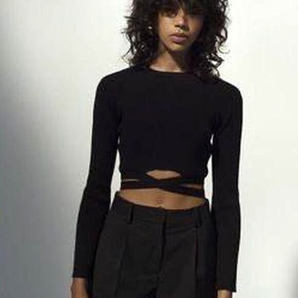 Musier Paris Giovana Black Ribbed Light Knit Sweater Wrap Stomach Detail Cop Top - Picture 1 of 11